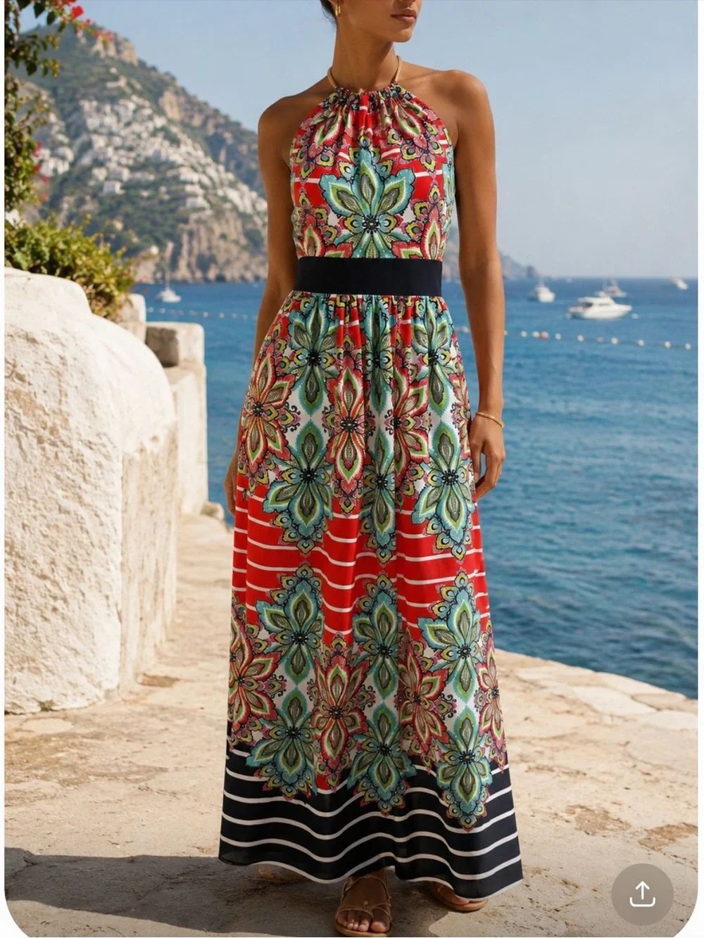 ELIZA J Halter Maxi Summer Vacation Resort wear Sundress Red Floral Print Size 2